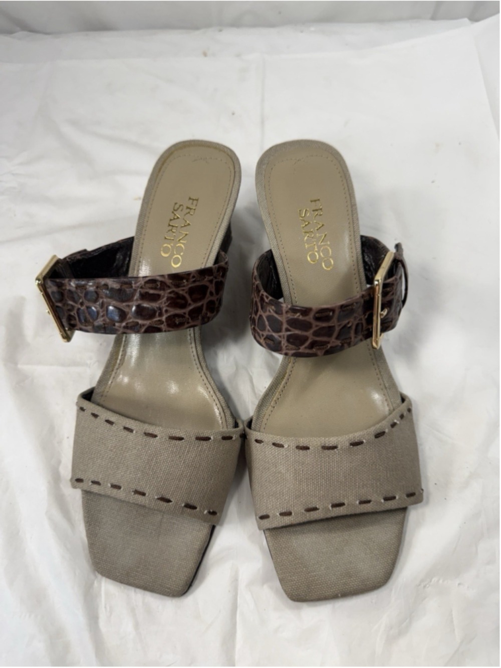 Franco Sarto MARTIN Brown Leather LINEN Sandal Heel Size 7.5 M CROC